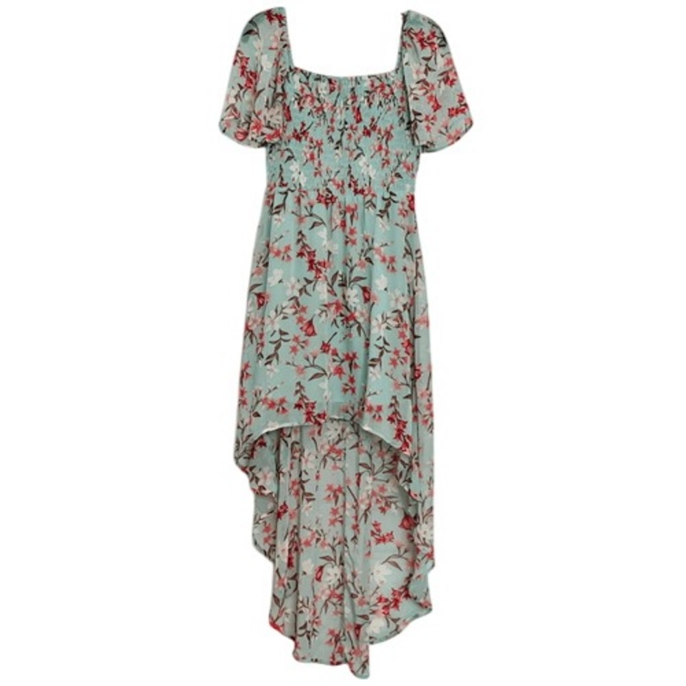 As U Wish Green Floral Chiffon Smocked Asymmetrical Dress LARGE Cottage Flowy